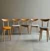 Five wooden chairs with different colored cushions arranged in a row against a neutral background.